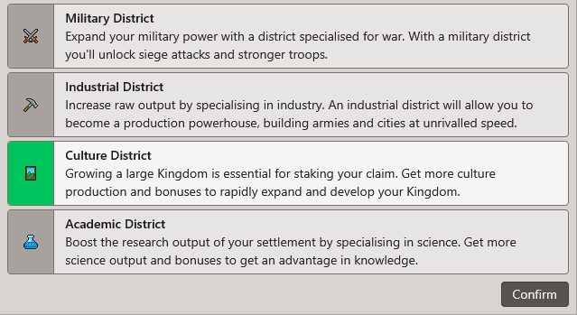 The menu a player sees when selecting a new district